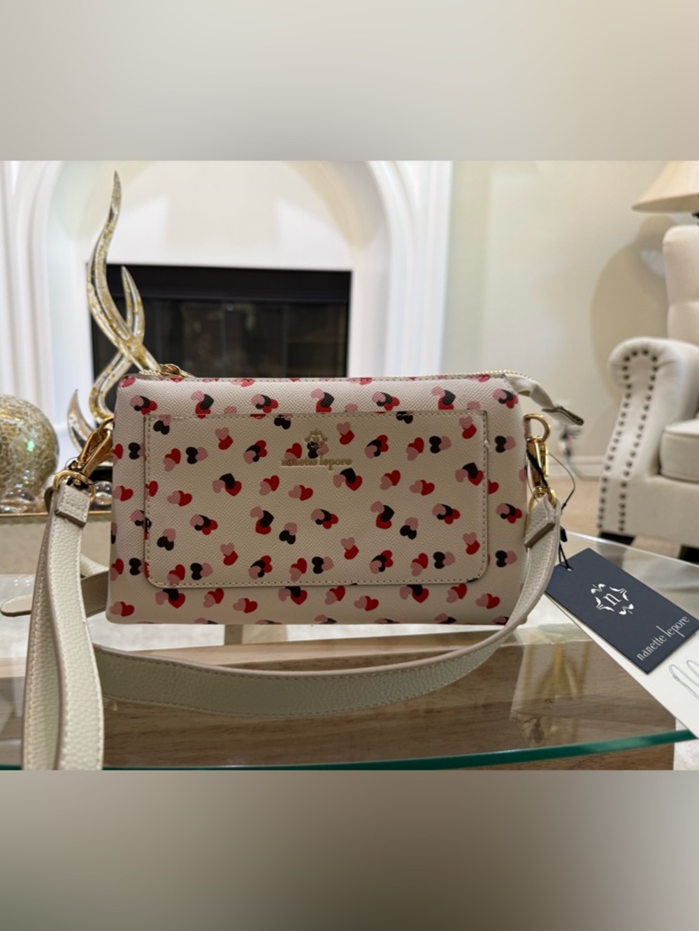 Nanette Lepore Cream Heart-Print Crossbody with Red Pink Black Hearts - Picture 9 of 11